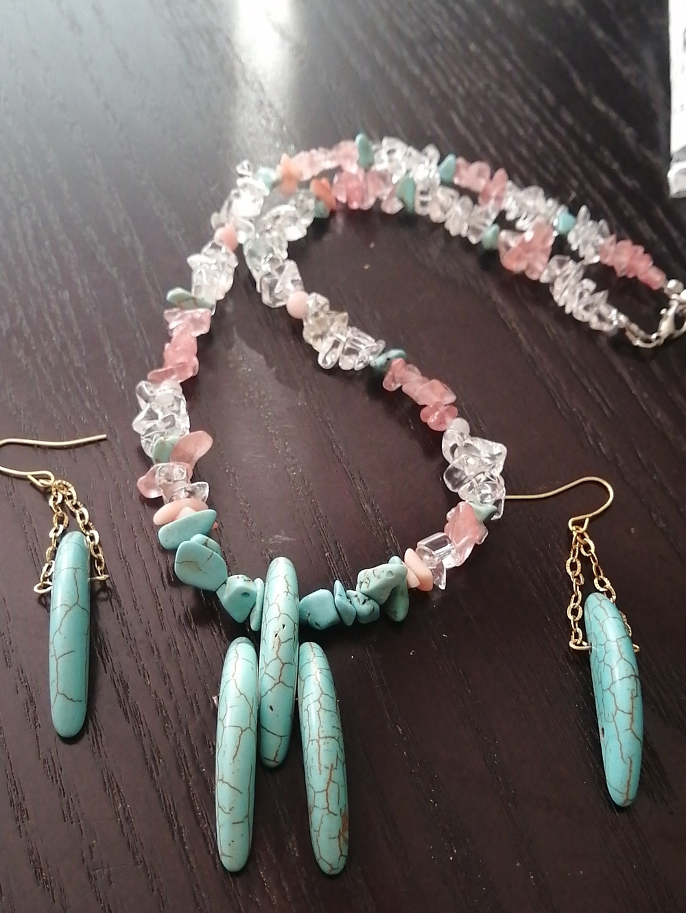 Ethnic Tribal Style Turquoise, Cherry Quartz, Rock Crystals Hawlite Necklace